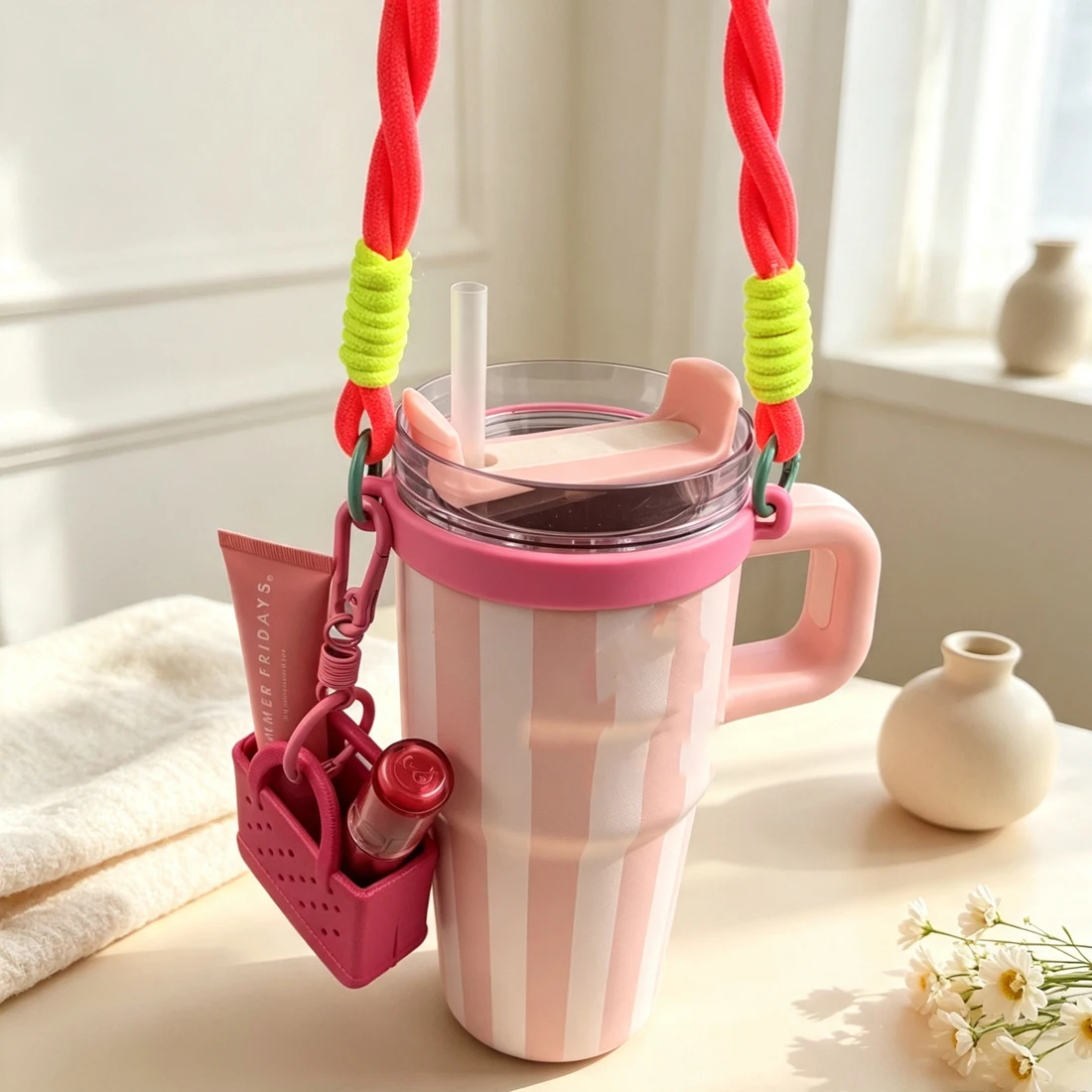 Water Bottle Handle Strap with silicone Carrier  Holder Sling Ring Simulation Beach Bag Keychain Pendant fit Owala Most 12-40oz