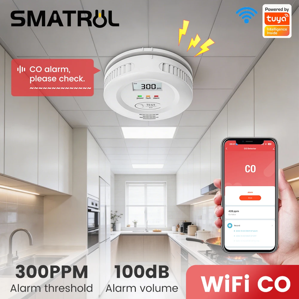 Tuya Smart Home WiFi Carbon Monoxide CO Leak Sensor Detector with High-Decibel Voice Alarm, Remote APP Notification, and Automat