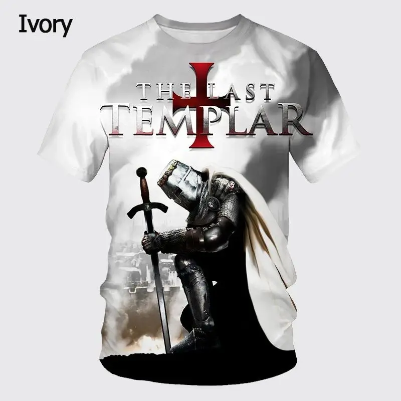 New Arrival 3D Templar Knight Print T-Shirt, Unique Feminine Holy Cross Pattern Tee, Breathable Casual Outdoor T Shirts for Men