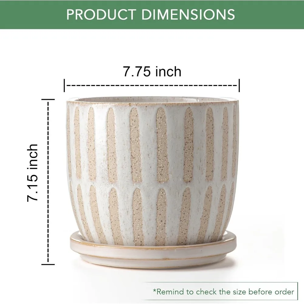 

Large Ceramic Plant Pots 7.75 Inch with Drainage Holes & Saucer - Modern Striped Indoor Outdoor Planters for Home Garden