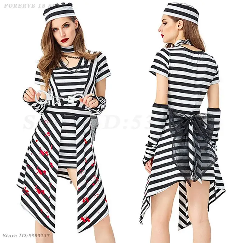 

Halloween Female Prisoner Cosplay Costume Prison Uniform Black White Stripes Fancy Dress Carnival Party Stage Role Play Clothing
