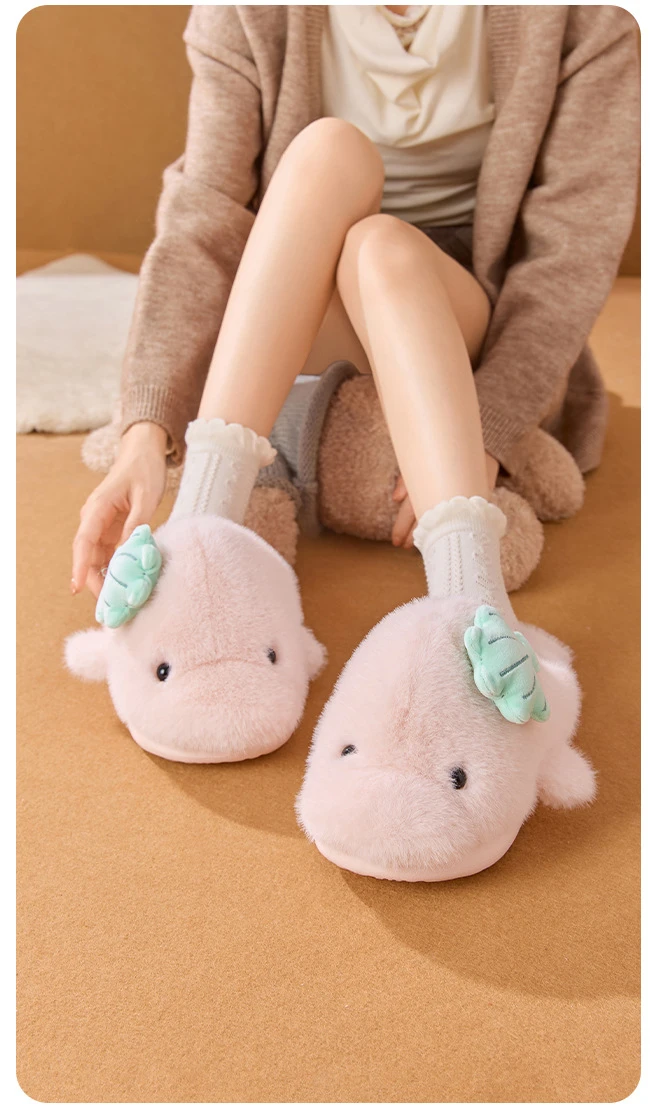 Neue Niedliche Plüsch-Delfin-Hausschuhe für Damen mit Muschel-Applikation, Gemütliche Offene Rückseite, Flauschige Indoor-Schuhe, Warme Winter-Hausschuhe für Frauen – Detail 3