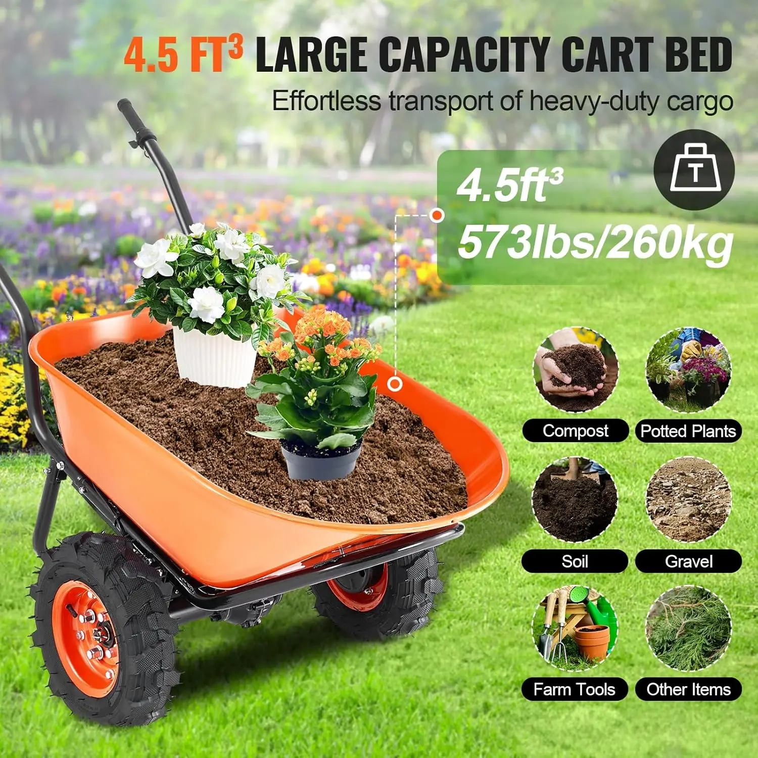 500W Powered Utility Garden Wagon Dump Cart, 4.5 Cu. Ft. Load & 573 lbs Capacity with Metal Handle & 16" Track Wheels, Two Wheel