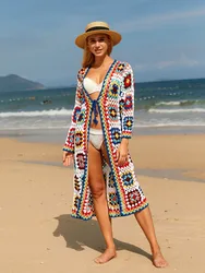 Cárdigan largo ahuecado de ganchillo para mujer, tejido hecho a mano, Kimono, suéter, abrigo, ropa de playa, traje de baño, novedad