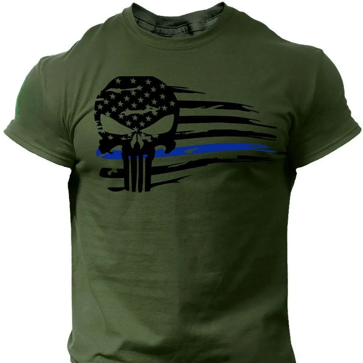 Camiseta militar azul do crânio, bandeira do guerreiro dos EUA, punidor, crânio patriótico, ginástica