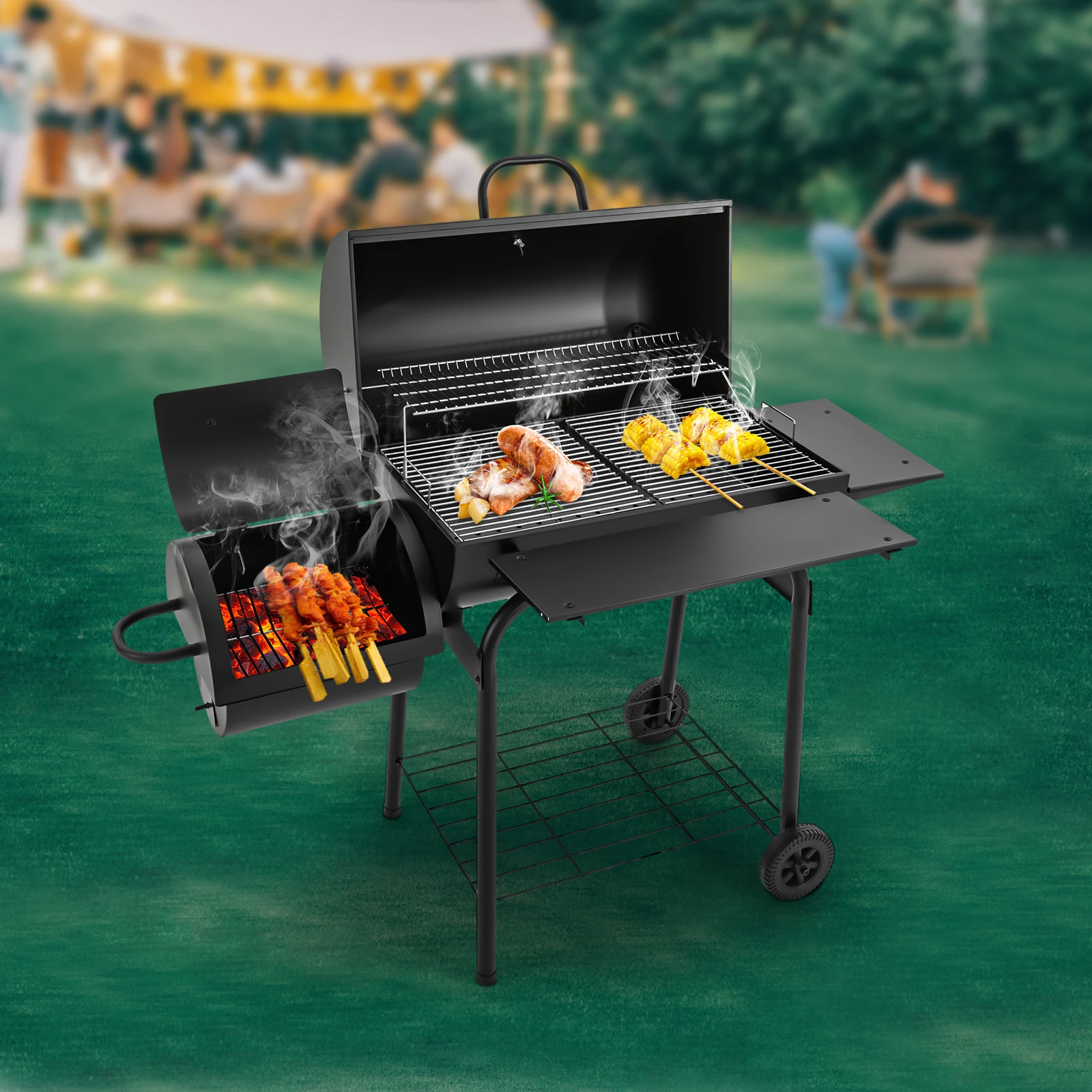 Freistehender Outdoor-Holzkohlegrill aus legiertem Stahl, 147*70*126cm, mit Thermometer und Grillgittern für Picknicks, Grillabende und Camping. – Detail 5