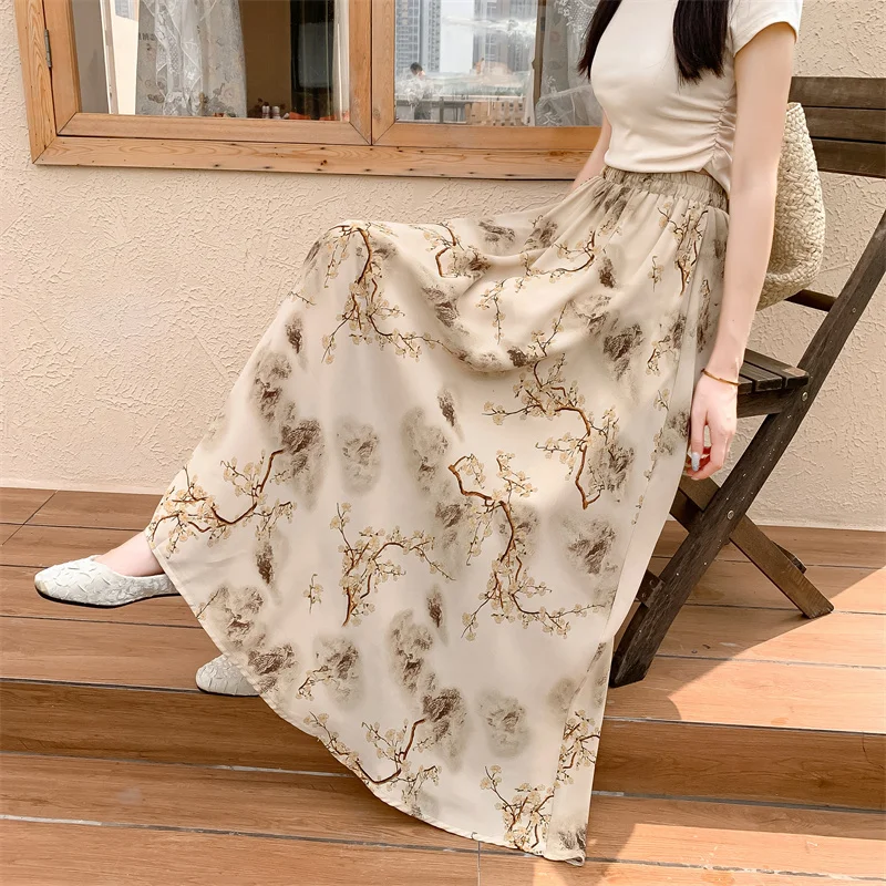 

Женская летняя шифоновая юбка с цветочным принтом, длиной до щиколотки, А-силуэт, миди, с эластичным поясом, пышная, длинная