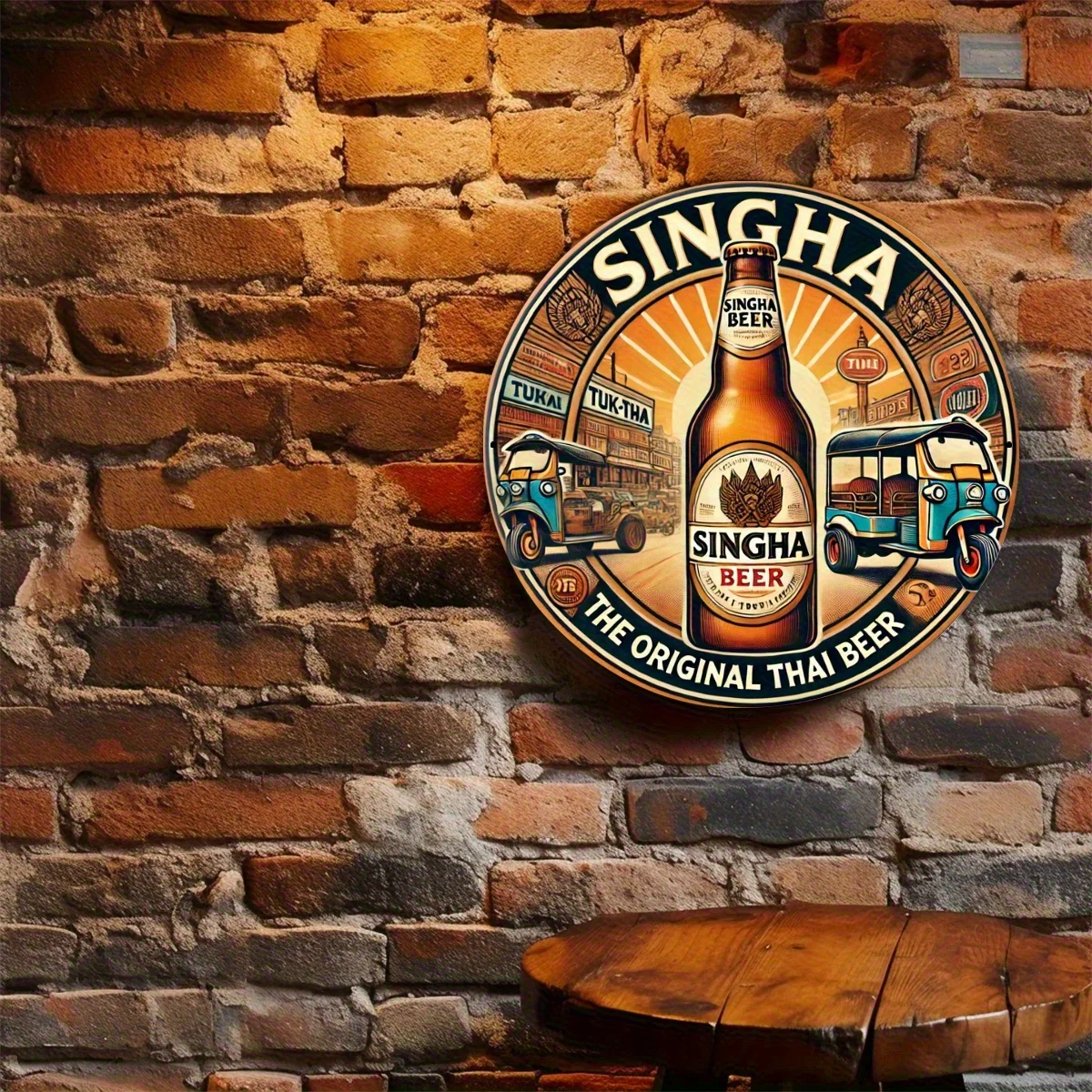 2D Flat, Vintage Singha Beer Metal Wall Art, 2D Flat, 1pc -  Thai-Style Beer Label Design with Singha Beer  and Thai Script, 7.8