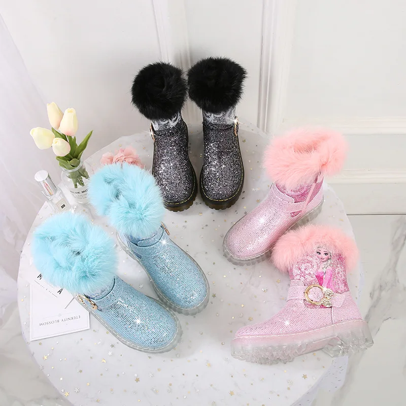 Disney Girls' Boots Winter Fashion Frozen Elsa Princess Boots Children's Short Girls' Cotton Fur Ankle Boots Girls' Pink Shoes