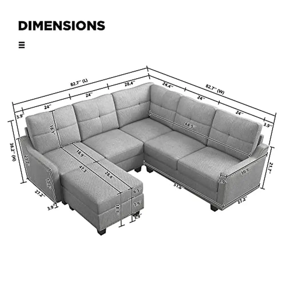 Multifunctional L Shaped Sectional Sofa with Storage Ottoman Compact Design Nail-head Trim Light Grey