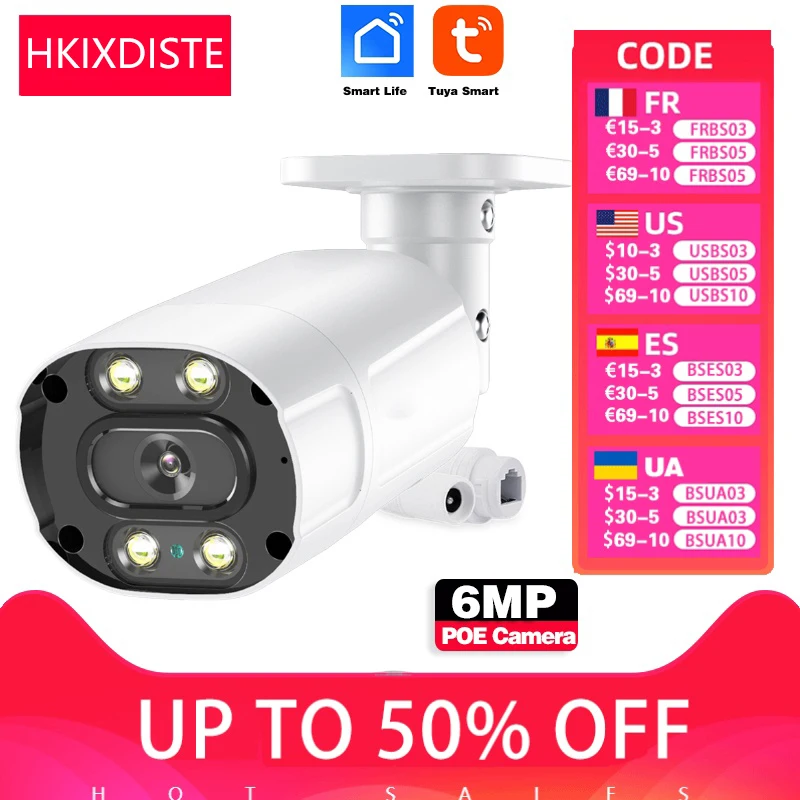 CCTV 6MP Smart Life POE IP Security Camera Outdoor Color Night Vision Bullet Camera Video Surveillance System 5MP Tuya Smart