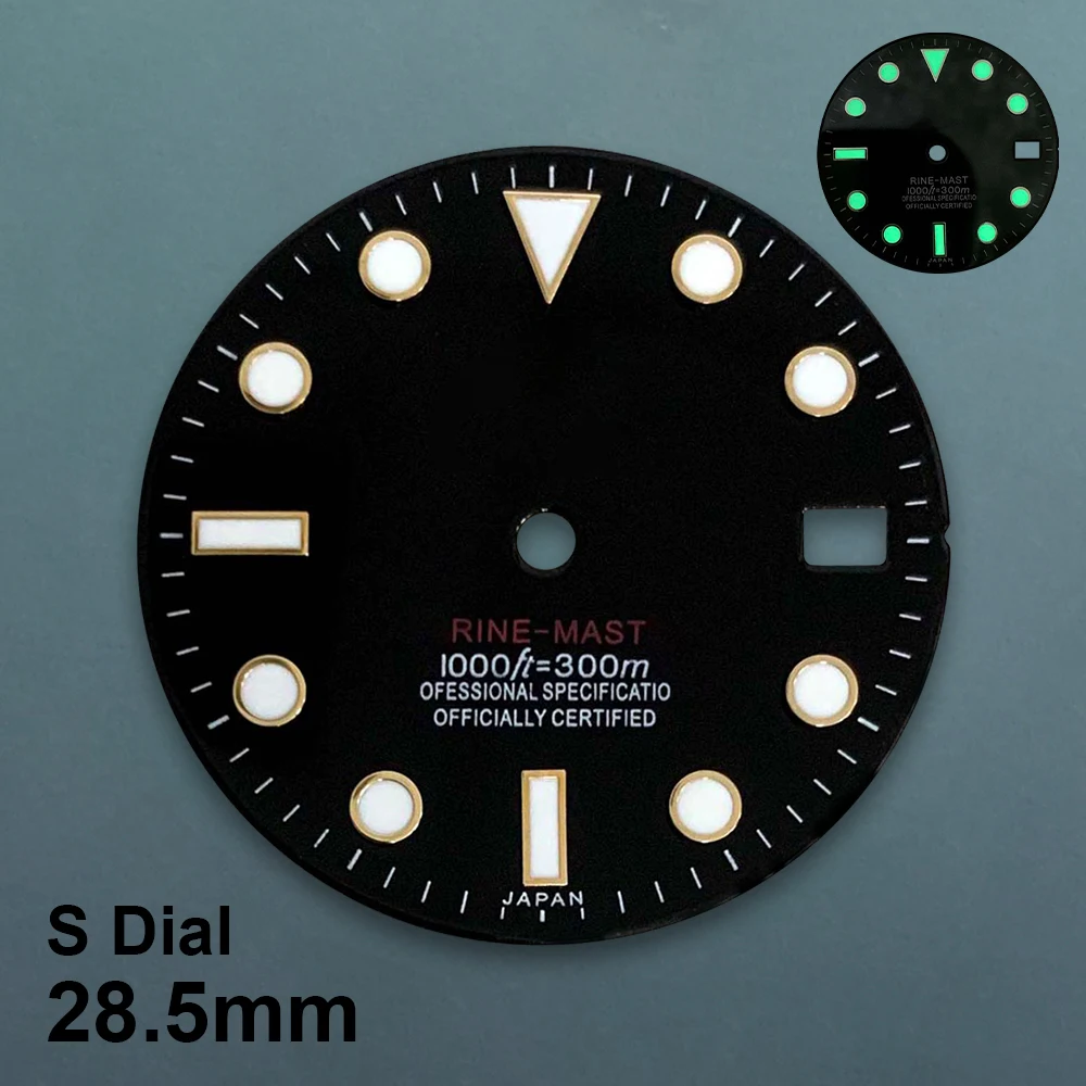 28.5mm S Logo SUB Dive Dial Fit NH35/NH36/4R/7S Movement Green Luminous Black Enamel Dial Watch Modification Accessories