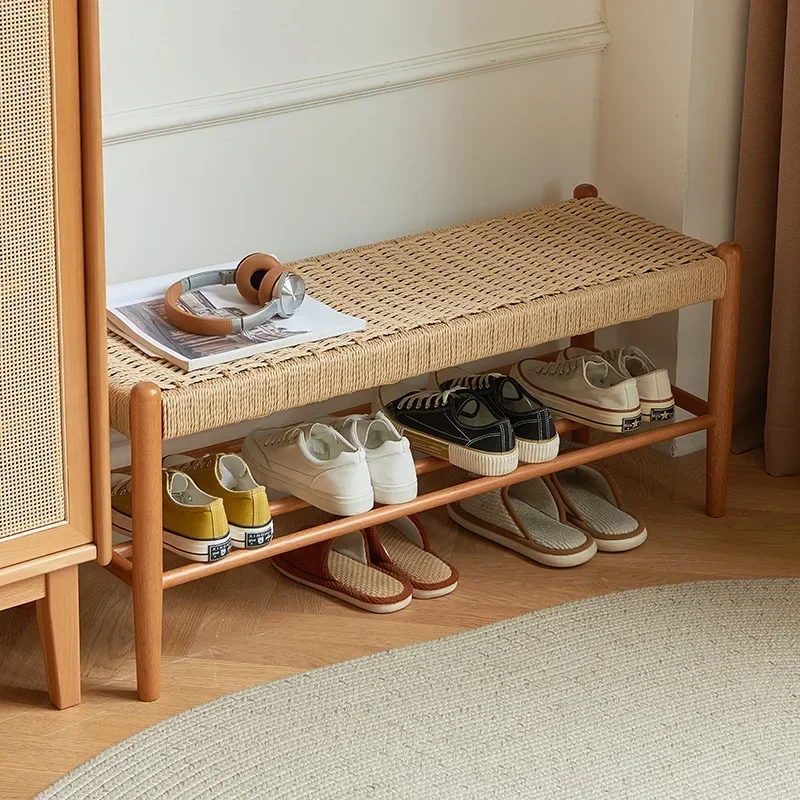 Solid Wood Rattan Woven Shoe Stool  Japanese Designer Retro Style Porch Shoe Rack Furniture Blending Tradition with Modern