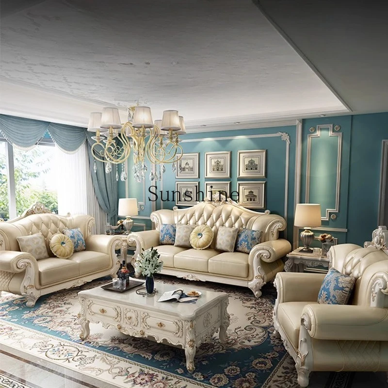 

European solid wood leather sofa combination living room 123 large apartment villa sofa combination engraved luxury