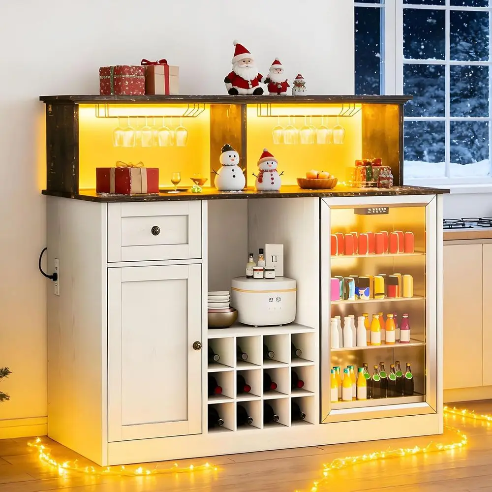 

55 LED-lit Coffee Bar Cabinet with Power Outlet, Storage, Wine Rack, and Glass Holder in White for Kitchen or Living Room