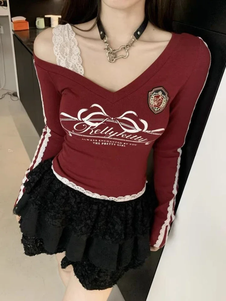 Y2K الدانتيل المرقعة تي شيرت المرأة مثير قبالة الكتف الحلو الخامس الرقبة السيدات المحاصيل القمم الكورية موضة طويلة الأكمام الملابس النسائية