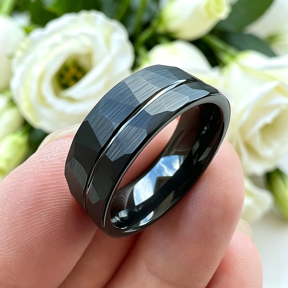 Simple 8mm Gold Color Stainless Steel Rings For Men Women Offset Line Matte Finish Ring Men Wedding Band Party No Fade Wholesale