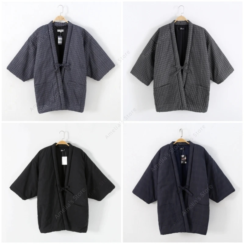 

Men's Japanese Hanten Jacket Winter Padded Cotton Kimono Cardigan Thick Quilted Haori Coat Traditional Tie Closure Noragi Women