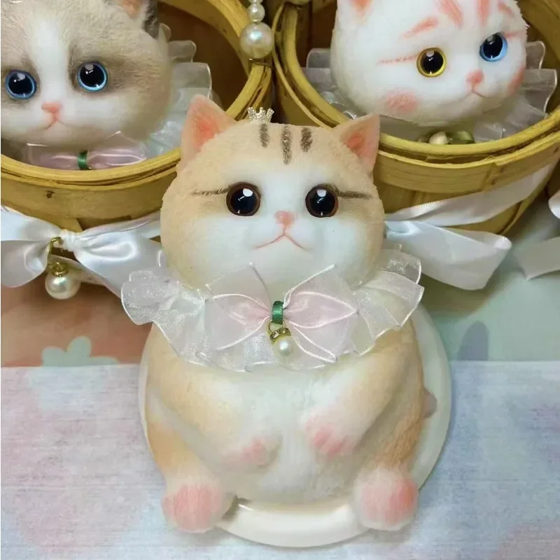 17cm Simulation Silicone Cat Soft Rebound Handmade Toy with Bamboo Basket Bionic Kitten Birthday Gifts Ornament