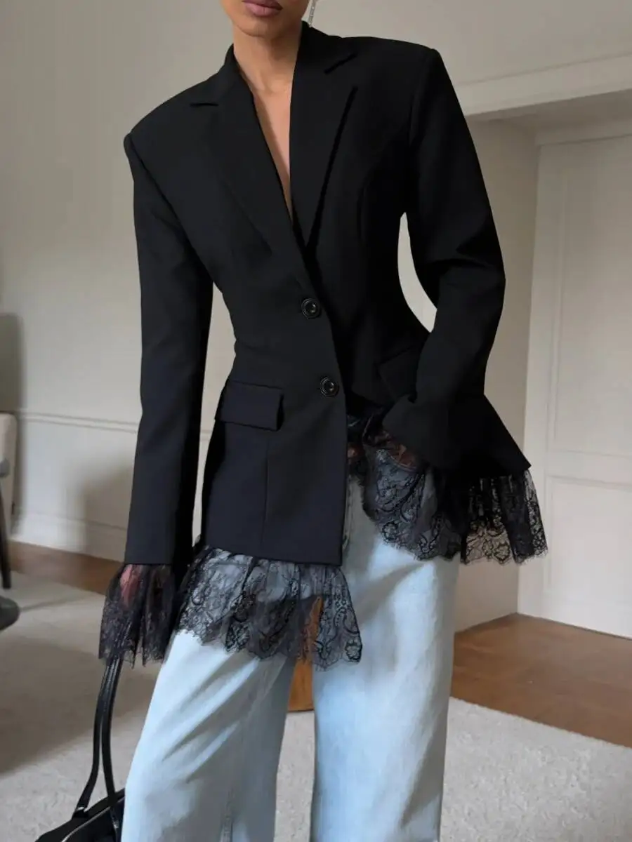 2026 Women's Autumn Winter New Black Blazer Design Sense Lace Paneled European & American Office Wear Long Sleeve Top