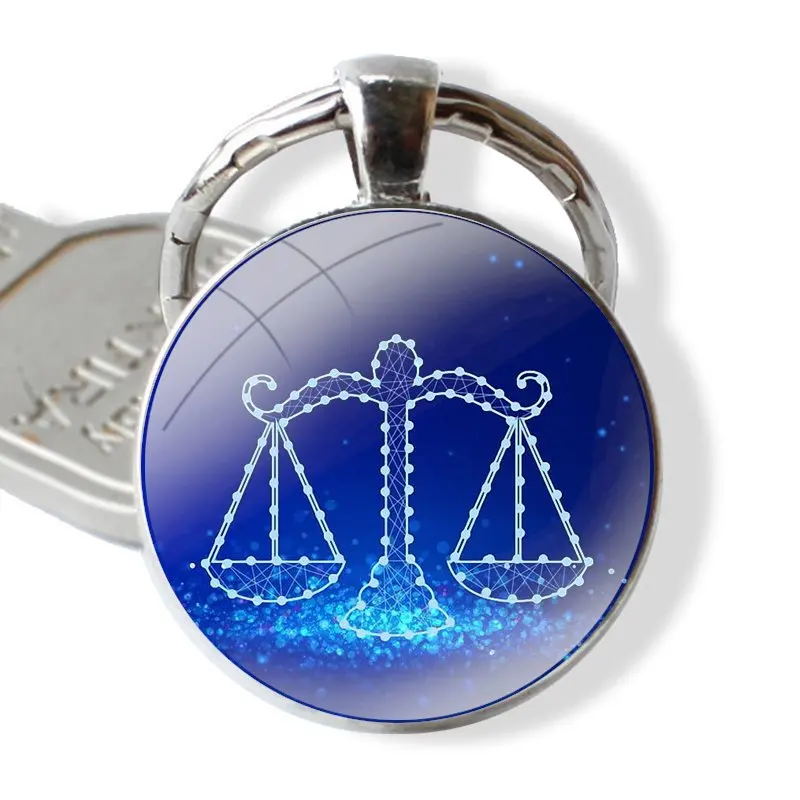 Keychain Handmade Glass Cabochon Key Ring Holder Pendant Key Chains Libra Constellation In Starry Dark Blue image 6