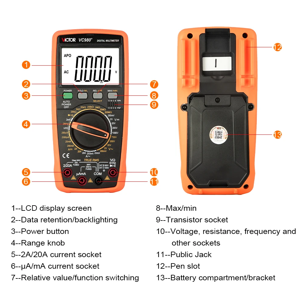 Victor 980+ High-Precision Digital Multimeter 19999 Counts 1000V 20A AC/DC Frequency Testing Meter Intelligent Triode Tester