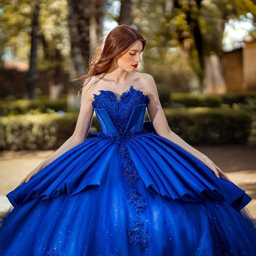 Vestidos de 15 quinceañera königsblaue Prinzessin Quince anera Kleider Spitzen applikationen Schatz ärmel los 16 Mädchen Abschluss ball Party kleid