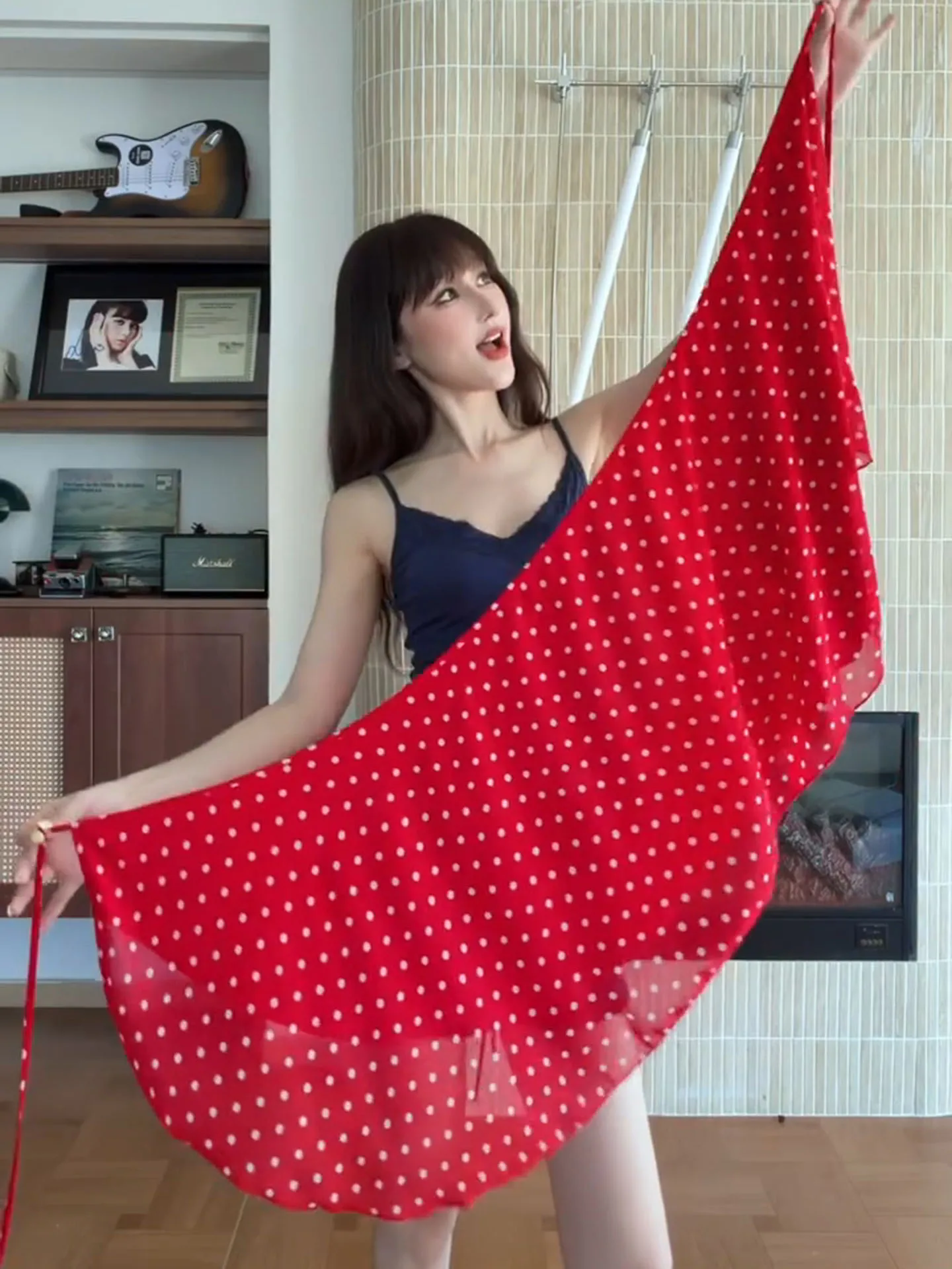 Red Polka Dot One-Piece Silk Scarf Curtain Women's Cloak Shoulder Wrap Strap Halter Half Skirt Large Scarf Versatile Fashion