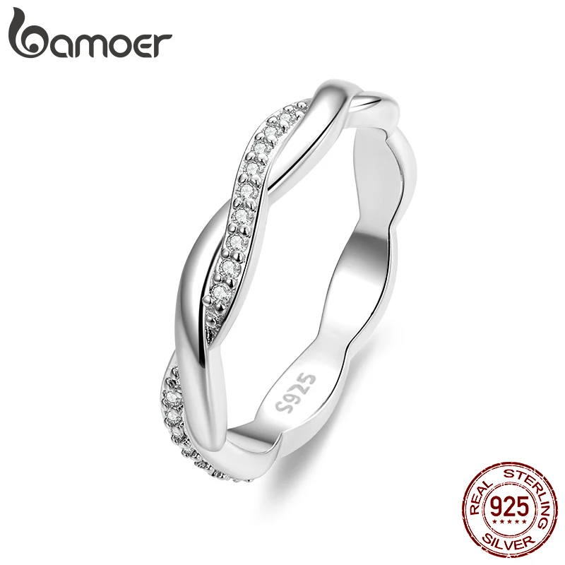 

BAMOER Real 100% 925 Sterling Silver Simple Twisted Ring for Women Crystal Dazzling Love Wedding Jewelry Engagement Fine Jewelry