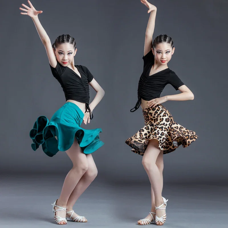 Summer Child Latin Dance Clothes Girls Dance Practice Clothes Performance Clothes Junior Latin Dance Skirt Leopard Print Split