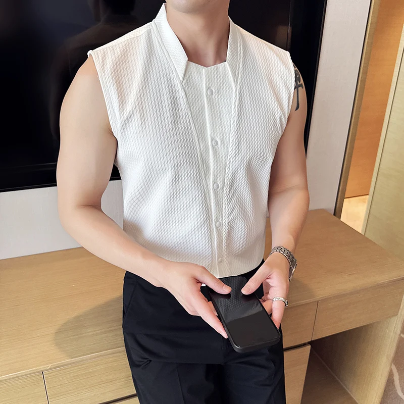 

Лето 2025 г., клетчатая рубашка без рукавов с воротником-стойкой, мужская модная повседневная социальная рубашка, мужская уличная одежда, жилеты для ночного клуба, мужская одежда