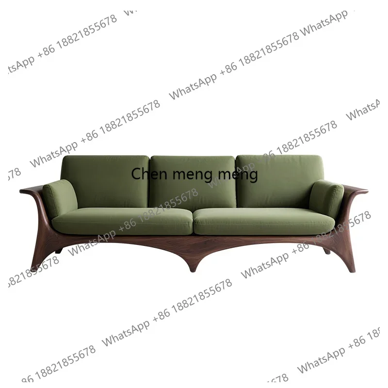 Solid Wood Black Walnut Straight Row Sofa Living Room Fabric Three-Seater New Model