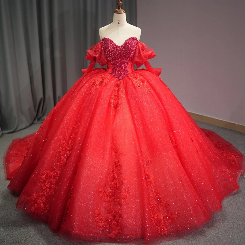 

Red Shiny Princess Quinceanera Dresses Beading Appliques Lace Tull Princess Ball Gowns Sweet 16 Dress Party Birthday Vestidos De