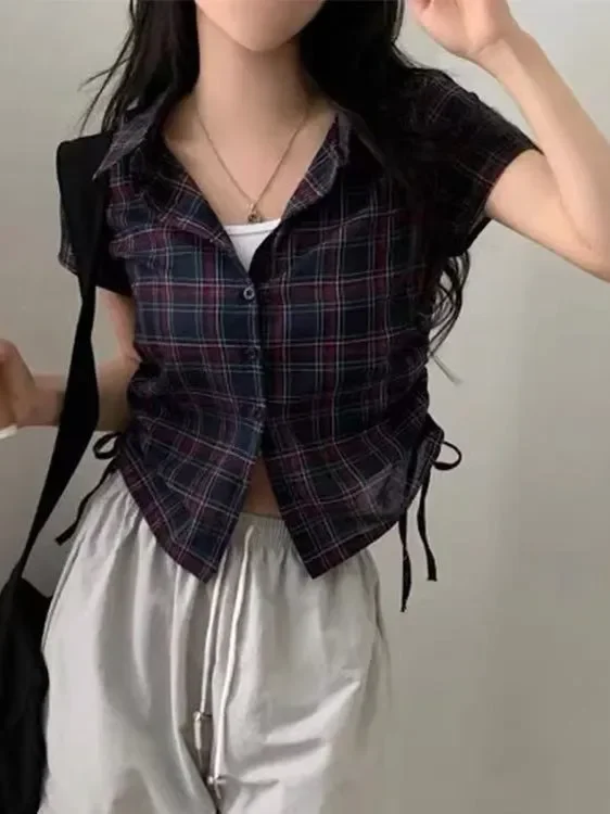 

Chic Summer Vintage ort Plaid irt Women's Collar Pleats Design Side Button up Slim Fit Commute Sle Top