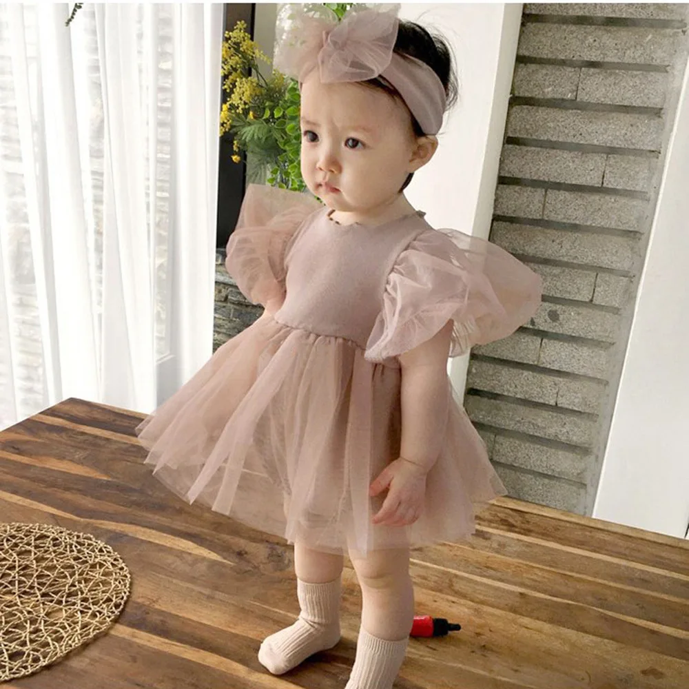 

Korean Princess Short Sleeved Rompers Baby Girl Bubble Sleeves Fluffy Gauze Dress with Headband