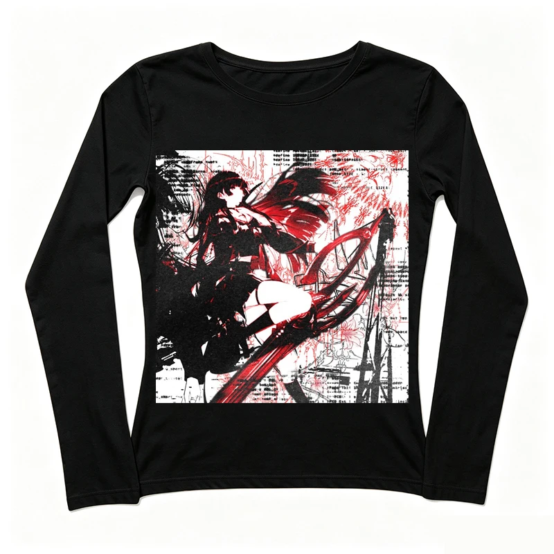 Alt Grunge Women Dark Red‑Black Anime Warrior Girl Graphic Long Sleeve Tee Crew Neck Slim Y2K Punk Casual Top