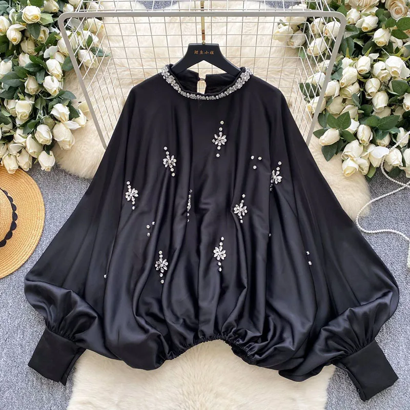 Diamonds Beading Satin Shirt Batwing Sleeves Stretchy Waist O Neck Aesthetic Blouse Feamle Senior Glamorous Gala Top