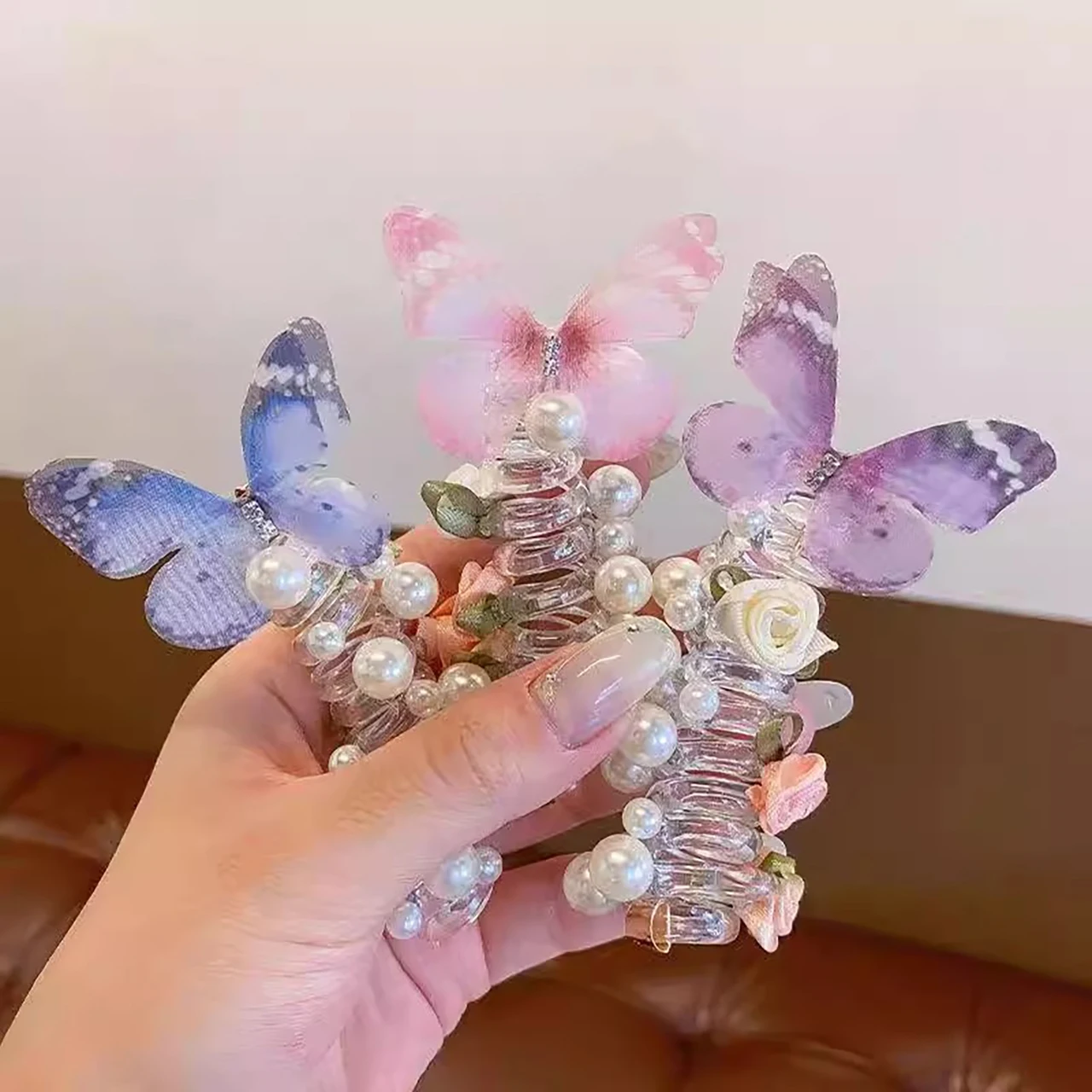 Fairy Butterfly Pearl Telephone Line Hair Ropes Sweet Girl Elastic Rubber Bands Braid Ponytail Headwear Kids Hair Accessories