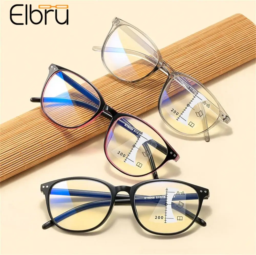 Elbru Multifocal Progressive Reading Glasses Men Women Retro Anti Blue UV Protect Reading Eyewear Anti-glare Computer Eyeglasses