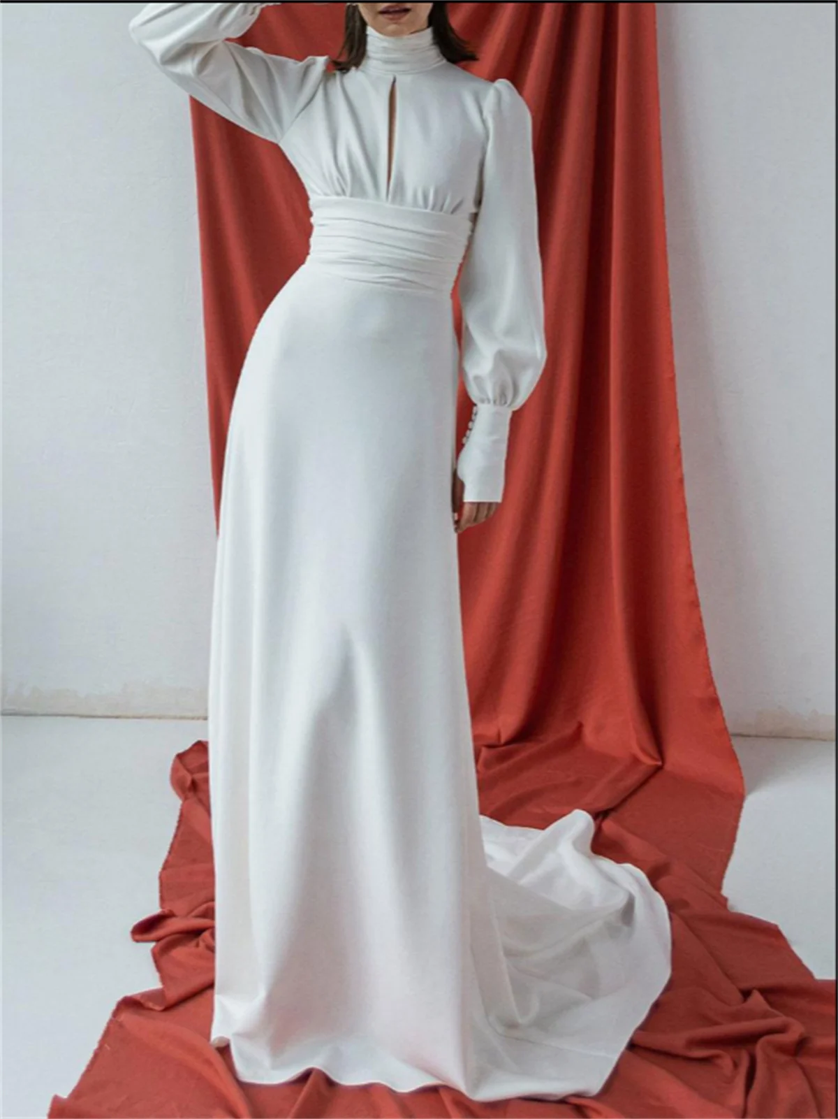 

Simple White Wedding Dress Round Neck Long Sleeve Evening Gown Chiffon Elegant Summer Formal Occasion Latest Style 2024