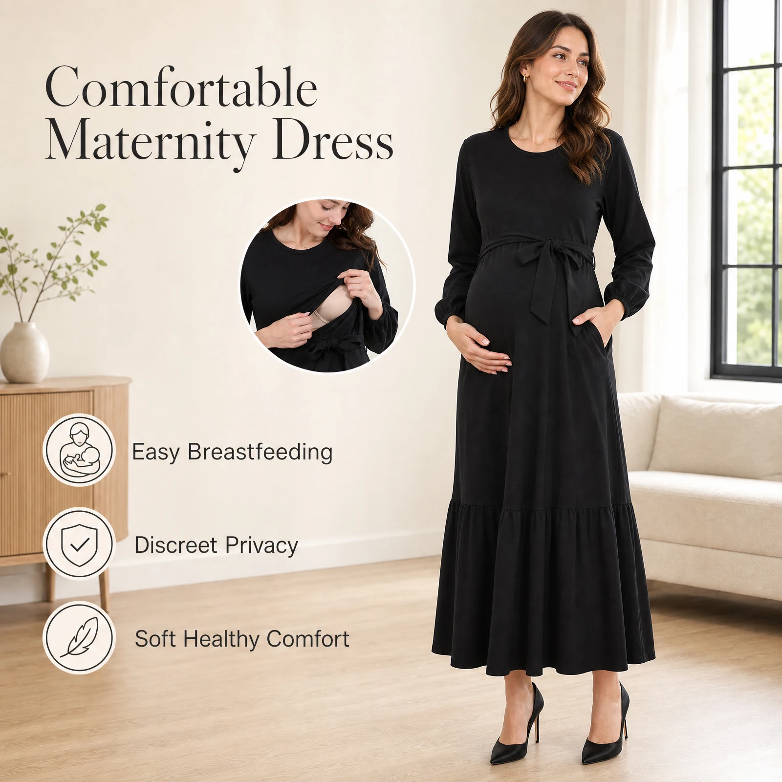 Maternity Nursing Maxi Dress Long Puff Sleeve Tie Waist Ruffle Hem Hidden Nursing Opening With Pockets Cotton Pregnancy Dress
