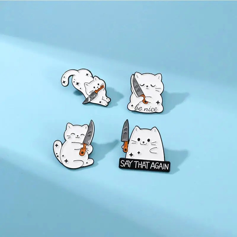 4pcs Cute Cartoon White Cat Small Knife Dagger Enamel Brooch Creative Animal Lapel Pin Badge Backpack Clothing Hat Accessories