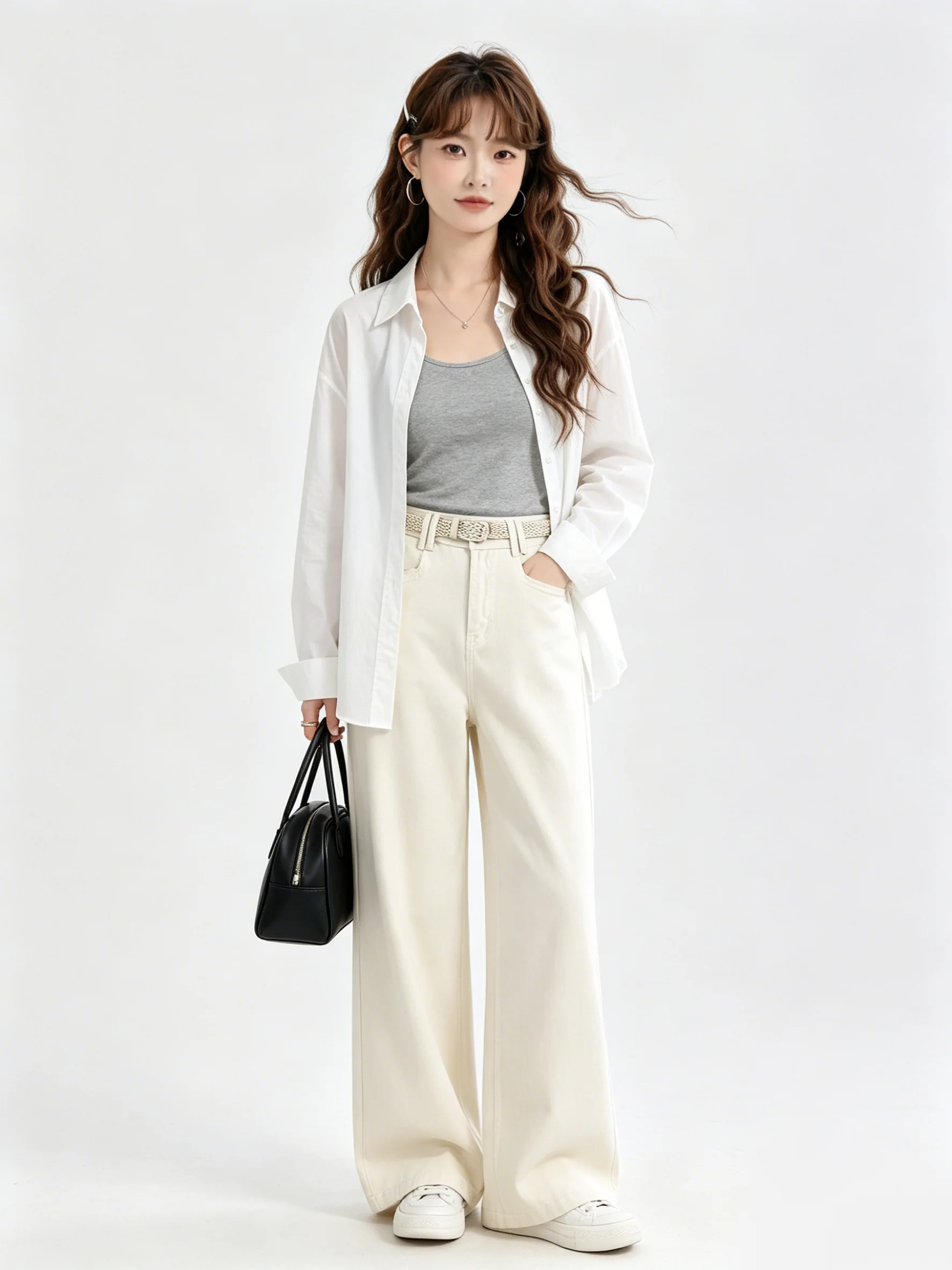 

Slimming High Waist Wide Leg Jeans Light Beige Korean Style Loose Straight Cut Floor Length Pants Versatile Women's Denim Jeans
