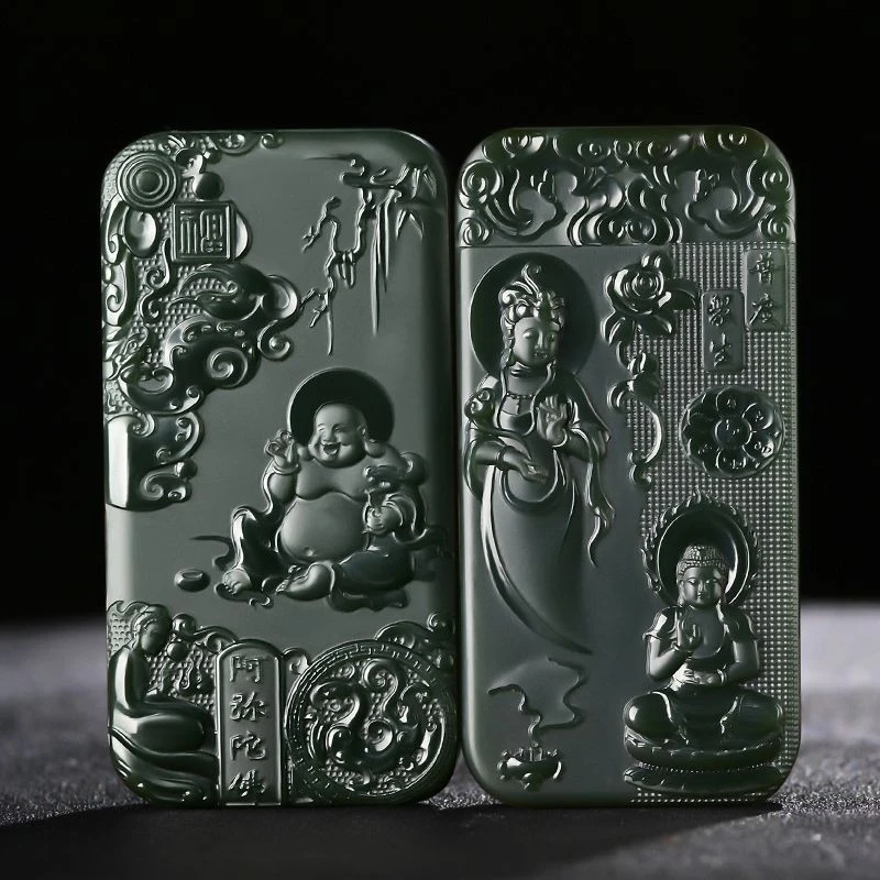 Hetian Large Liberation of All Beings, Guanyin Pendant, Green Jade Amitabha Buddha J
