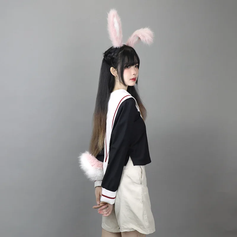 

Furry Handmade Plush Simulation Rabbit Ears Headband with Cute Animal Tail Set Props Lolita Hairwear Cosplay Party Accessories