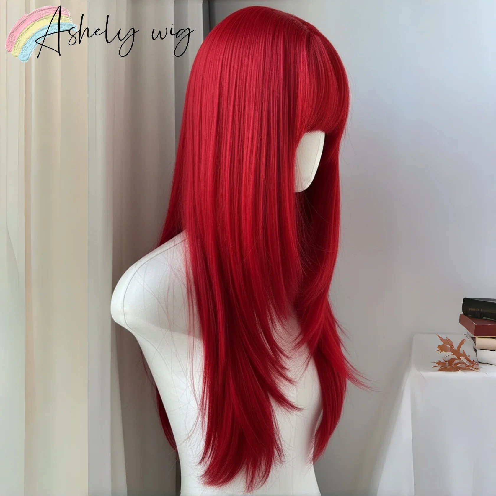Red Wig with Bangs Layered 24inch Long Straight Wigs for Women Y2k Hairstyle High Temperature Fibers Synthetic Wig for Cosplay