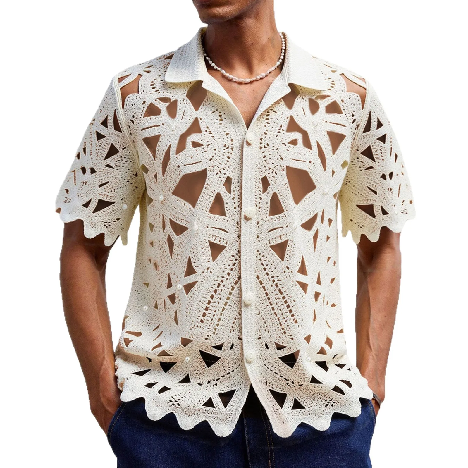 Summer new luxury and fashionable men's top crochet knit sweater with a collar and short sleeved cardigan polo shirt