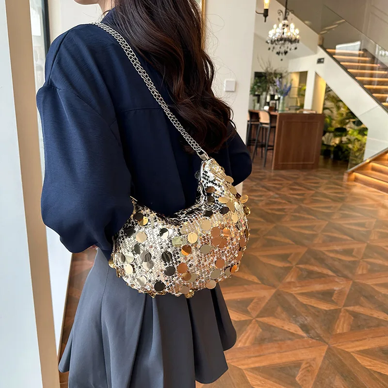 Half-Moon Handbag Fashionable Shiny Sequined Dumpling Bag Versatile Chain Armpit Bag Women'S Trendy Evening Shoulder Bag