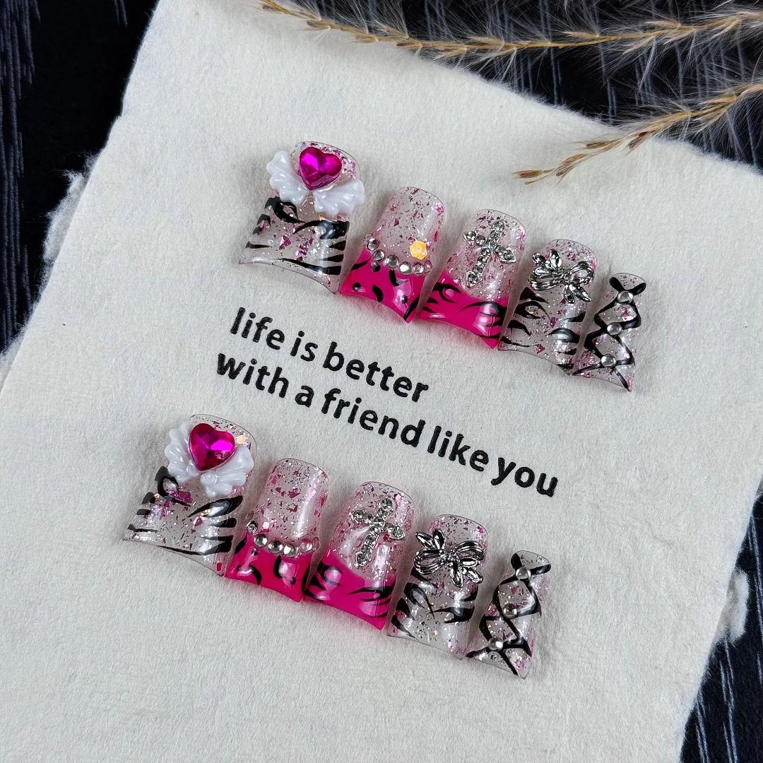 10 Stück hochwertige, süße und coole Mädchen-Style-Nägel, handbemaltes Zebramuster, lebendiges Graffiti, glänzende, glitzernde Diamanten, handgefertigte künstliche Nägel – Detail 7
