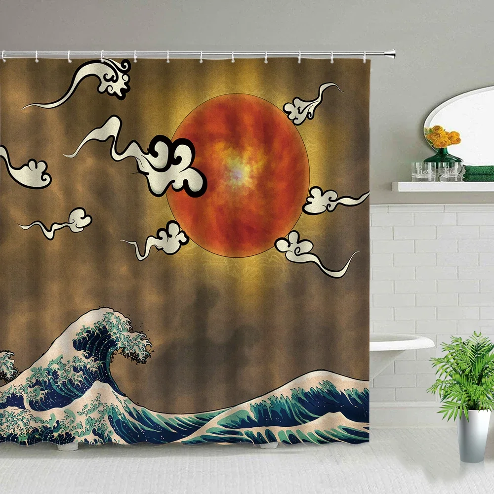 Sea Wave Pattern Cartoons Scenery Shower Curtain Set Modern Bathroom Decor Screen Waterproof Fabric Hanging Curtains With Hooks